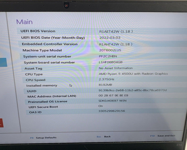Lenovo ThinkPad E14 Gen 2 Ryzen 5 4500U 2.375 GHz 8GB Ram No OS/SSD/AC/Batt Dent
