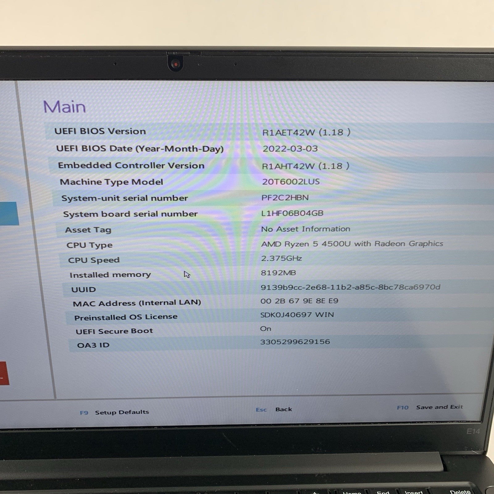 Lenovo ThinkPad E14 Gen 2 Ryzen 5 4500U 2.375 GHz 8GB Ram No OS/SSD/AC/Batt Dent2