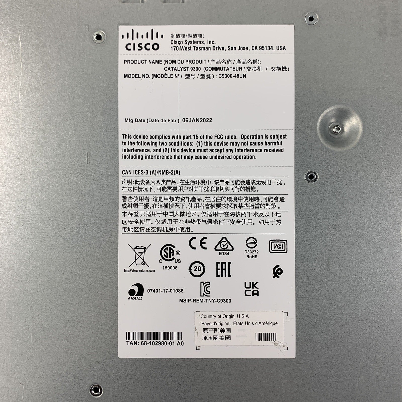 Cisco C9300-48UN-A 48-Port UPoE Ethernet Network Advantage Switch Tested Reset