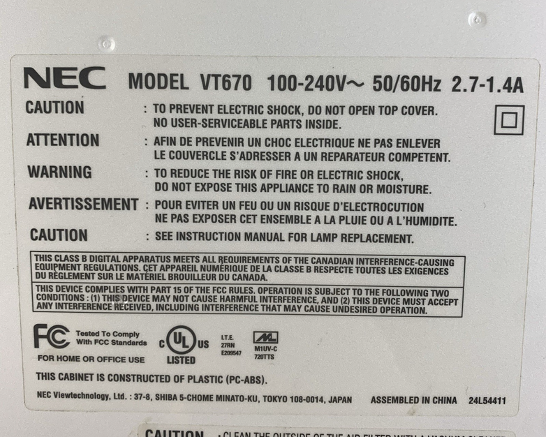 NEC VT670 LCD Projector - No Remote - 312 Lamp Hours