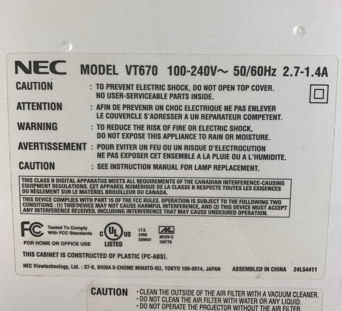 NEC VT670 LCD Projector - No Remote - 312 Lamp Hours9
