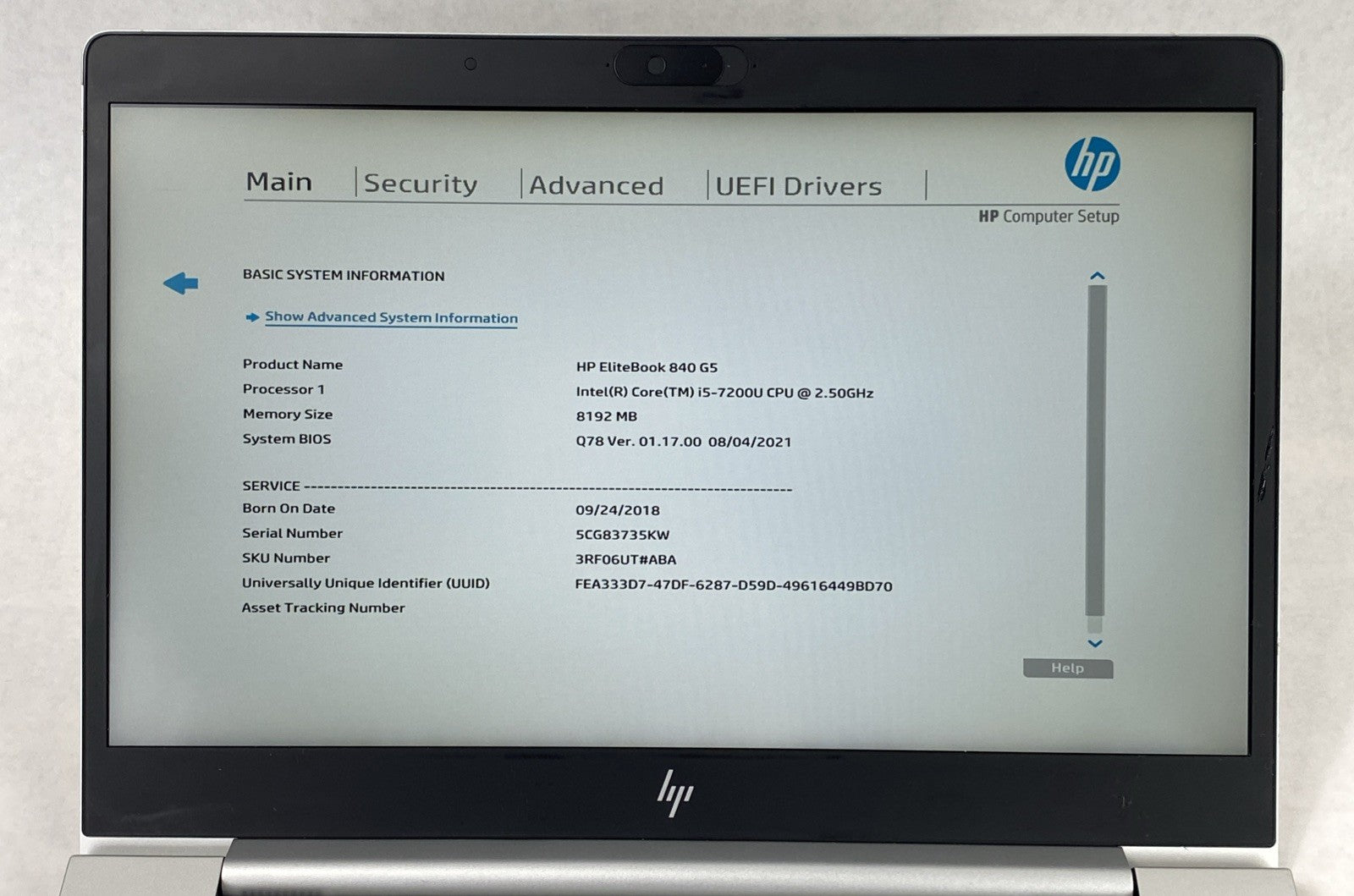 HP EliteBook 840 G5 Core i5-7200U 2.50 GHz 8 GB RAM 15.6" No HDD No OS