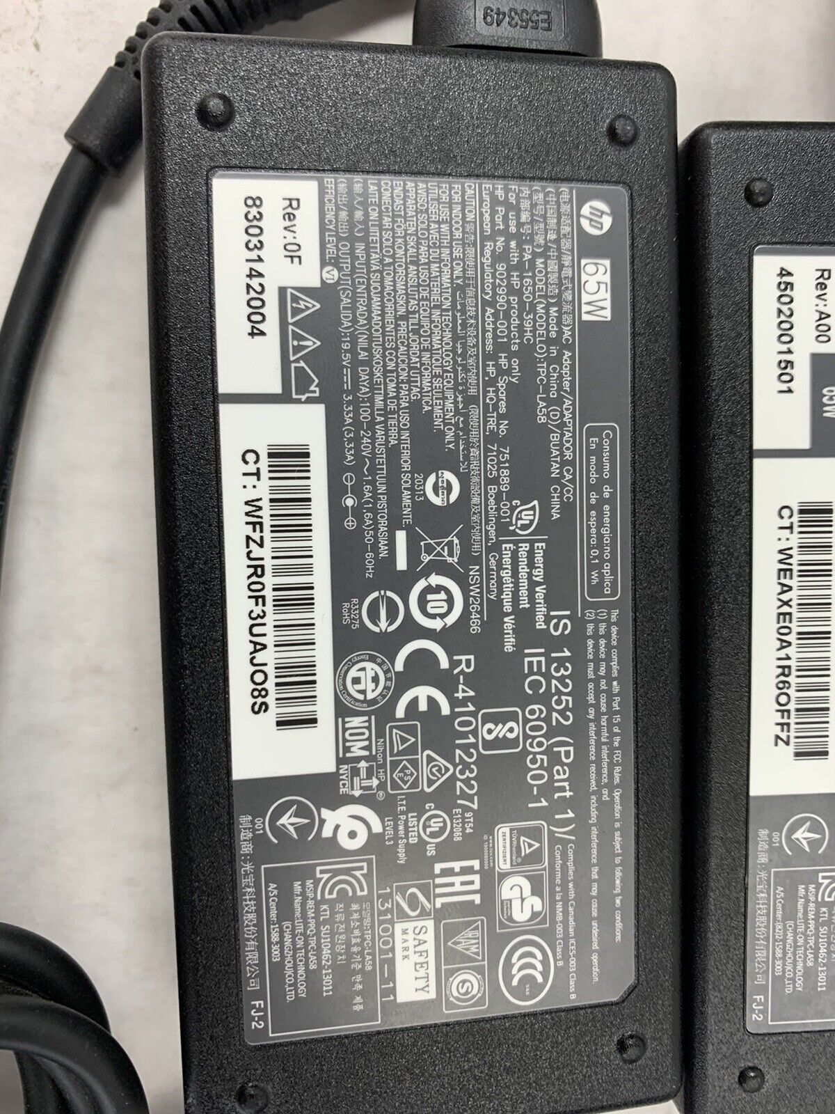 Lot 2 HP Laptop Charger AC Power Adapter TPC-LA58 65W 19.5V 3.33A, 724264-001