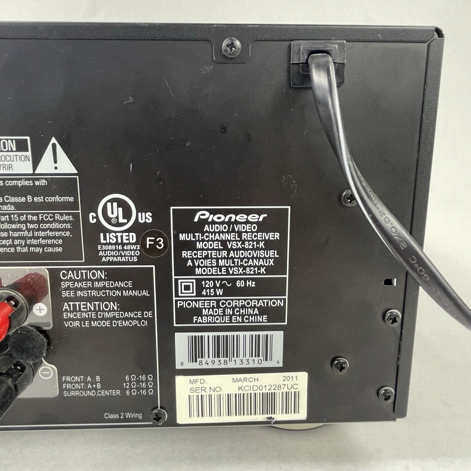 Pioneer VSX 821-K 5.1 Channel 110 Watt receiver No Remote