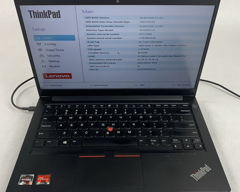 Lenovo ThinkPad E14 Gen 2 Ryzen 5 4500U 2.375 GHz 8GB Ram No OS/SSD/AC/Batt Dent