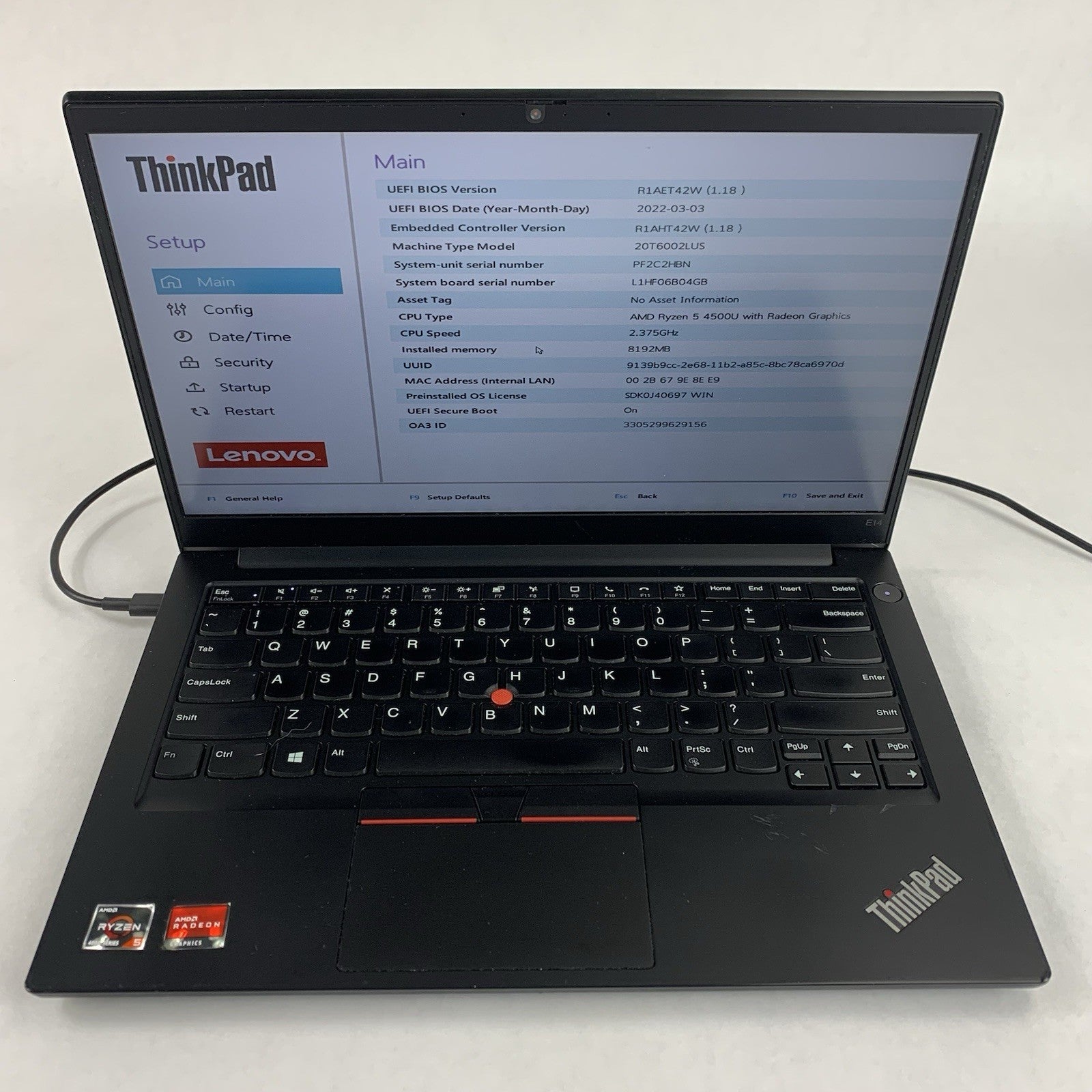 Lenovo ThinkPad E14 Gen 2 Ryzen 5 4500U 2.375 GHz 8GB Ram No OS/SSD/AC/Batt Dent1