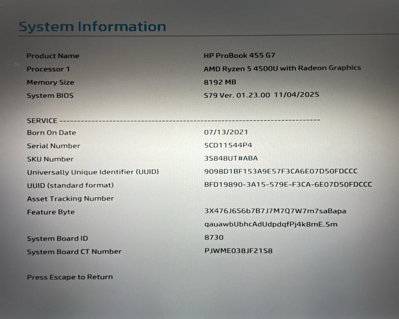 HP ProBook 455 G7 15.6" Ryzen 5 4500U 2.375 GHz 8 GB RAM No SSD/OS/AC - No WIFI