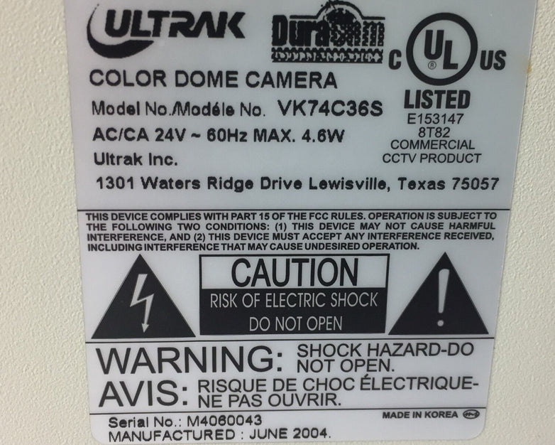 Ultrak Duracam Color Dome Camera VK74C36S