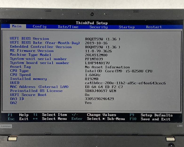 Lenovo ThinkPad L580 Intel Core i5-8250U 1.60 GHz 8GB RAM 15.6" No HDD No OS