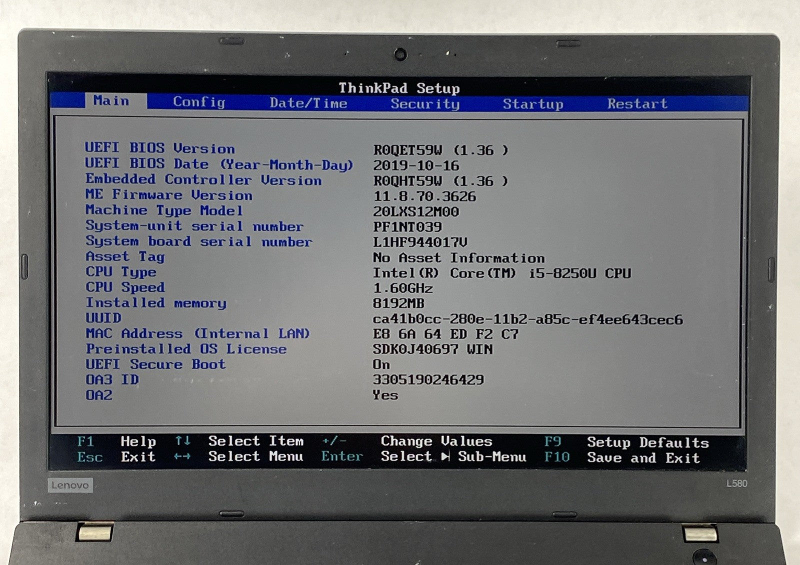 Lenovo ThinkPad L580 Intel Core i5-8250U 1.60 GHz 8GB RAM 15.6" No HDD No OS