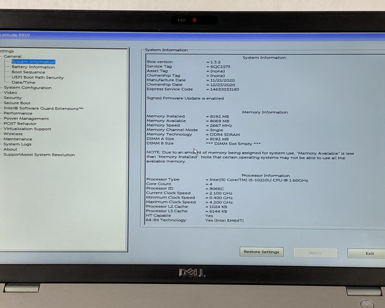 Dell Latitude 5510 Core i5-10210U 1.6 GHz 8GB RAM 15.6" No Battery No HDD No OS