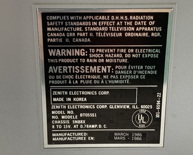 Zenith BT055S1 Portable 5” Television AM/FM Radio 1986 Vintage Untested