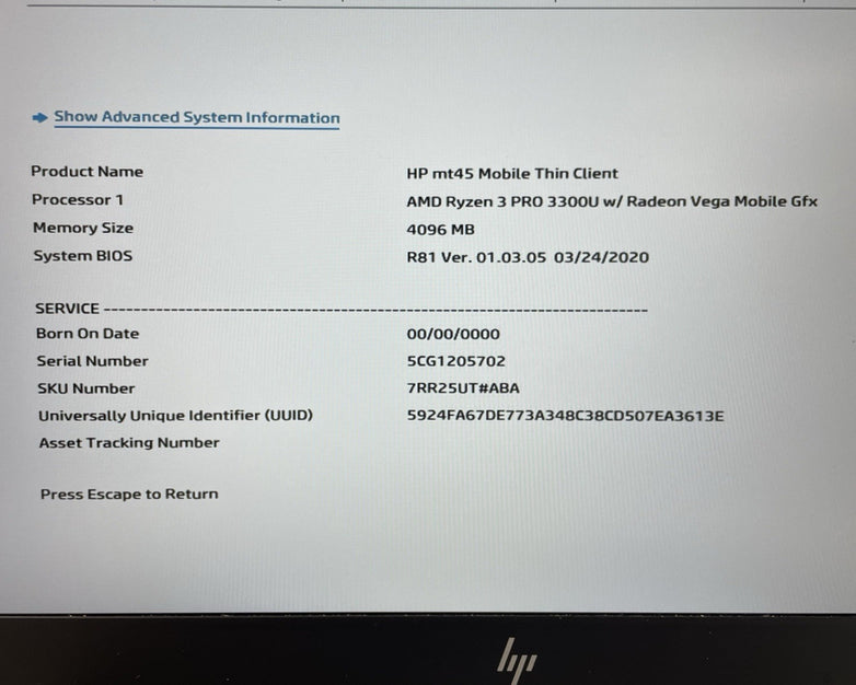 HP mt45 14" Ryzen 3 Pro 3300U 2.10 GHz 4 GB RAM No SSD/OS/AC - Bad DIMM