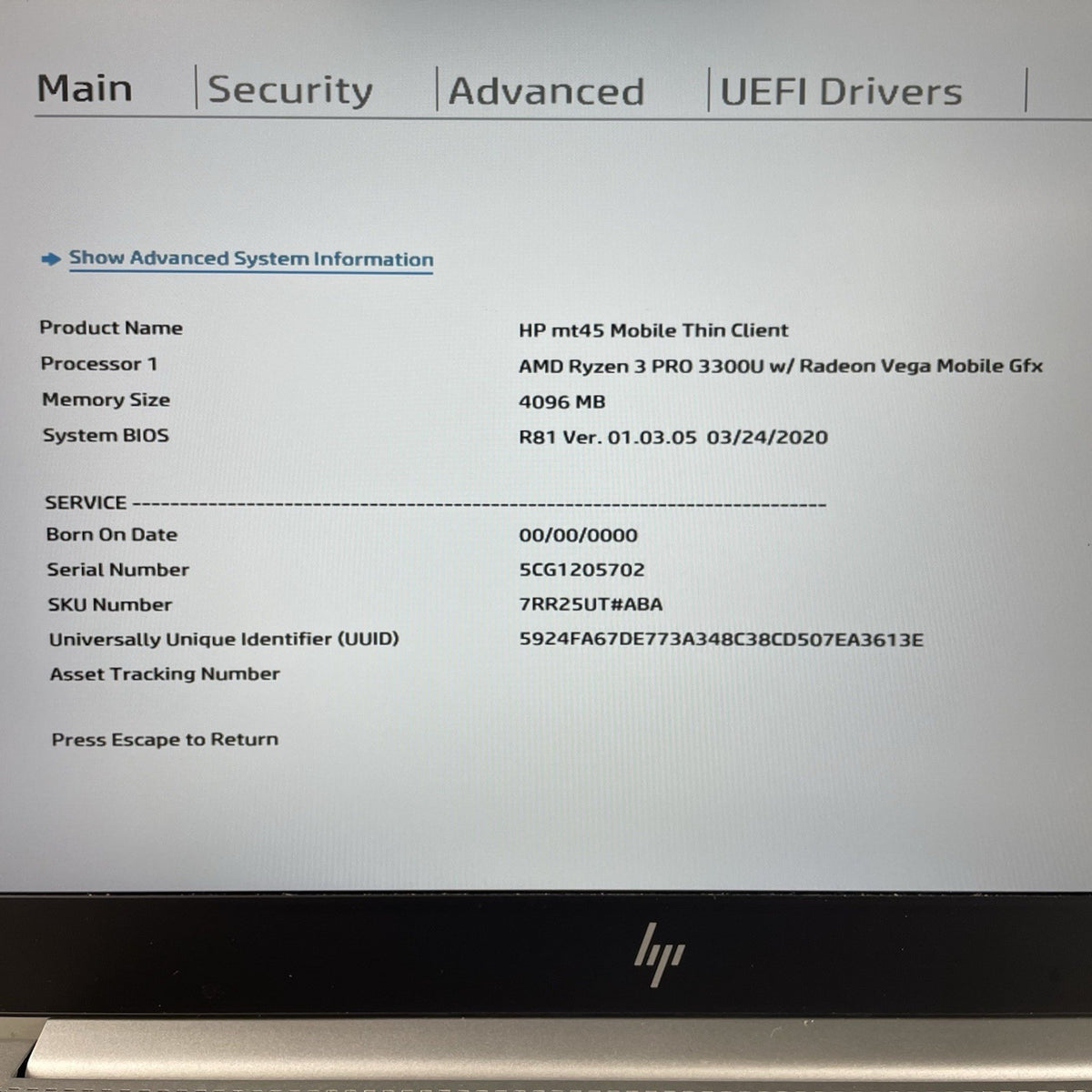 HP mt45 14" Ryzen 3 Pro 3300U 2.10 GHz 4 GB RAM No SSD/OS/AC - Bad DIMM3