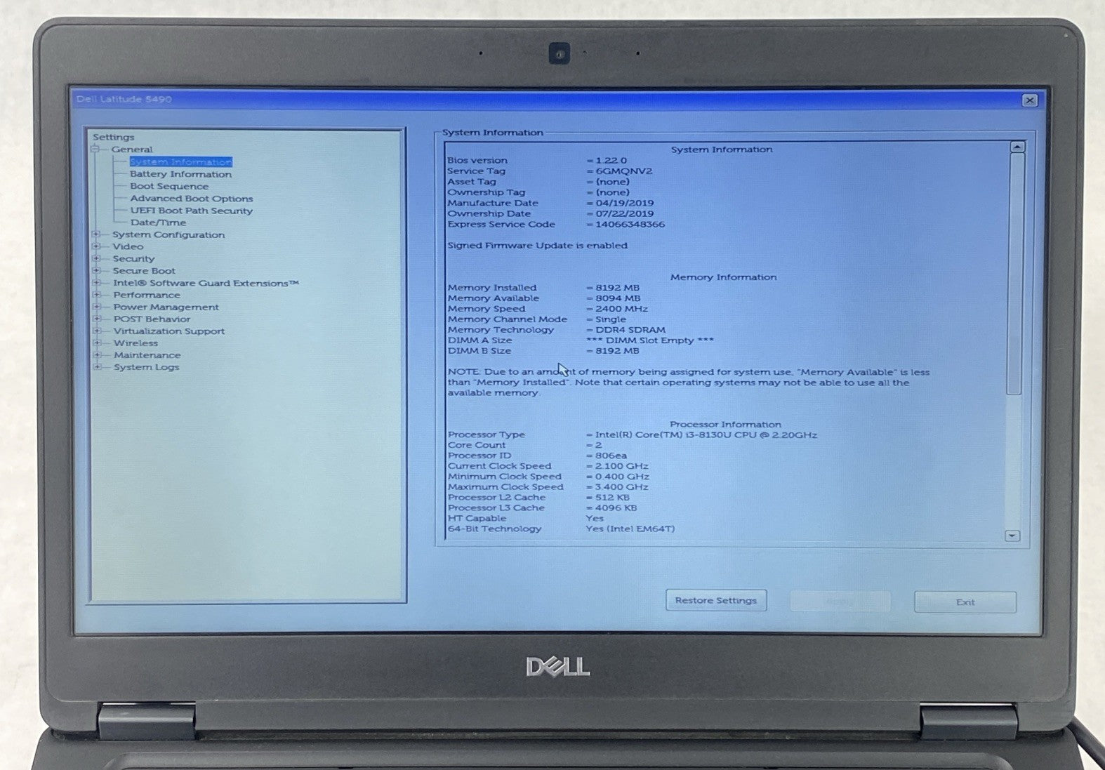 Dell Latitude 5490 Core i3-8130U 2.20 GHz 8 GB RAM 14" No Battery No HDD No OS