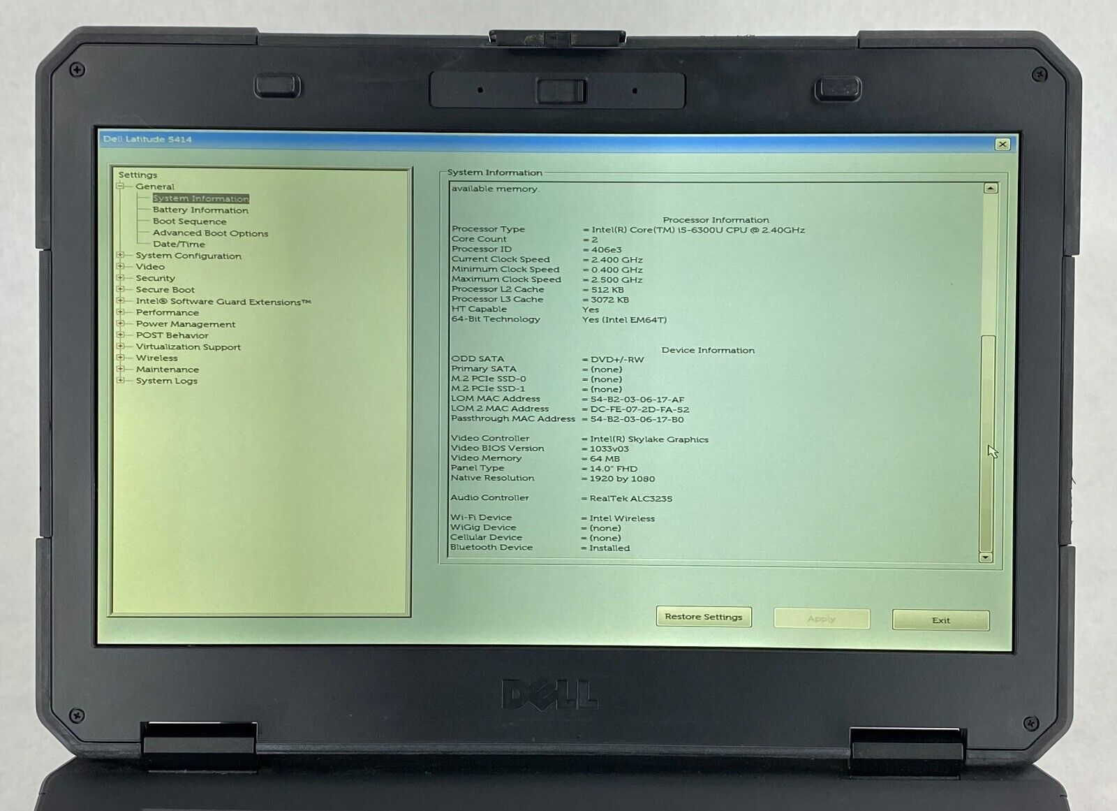 Dell Latitude 14 Rugged 5414 i5-6300U 2.40GHz 8GB RAM 14.0" No Battery No HDD/OS