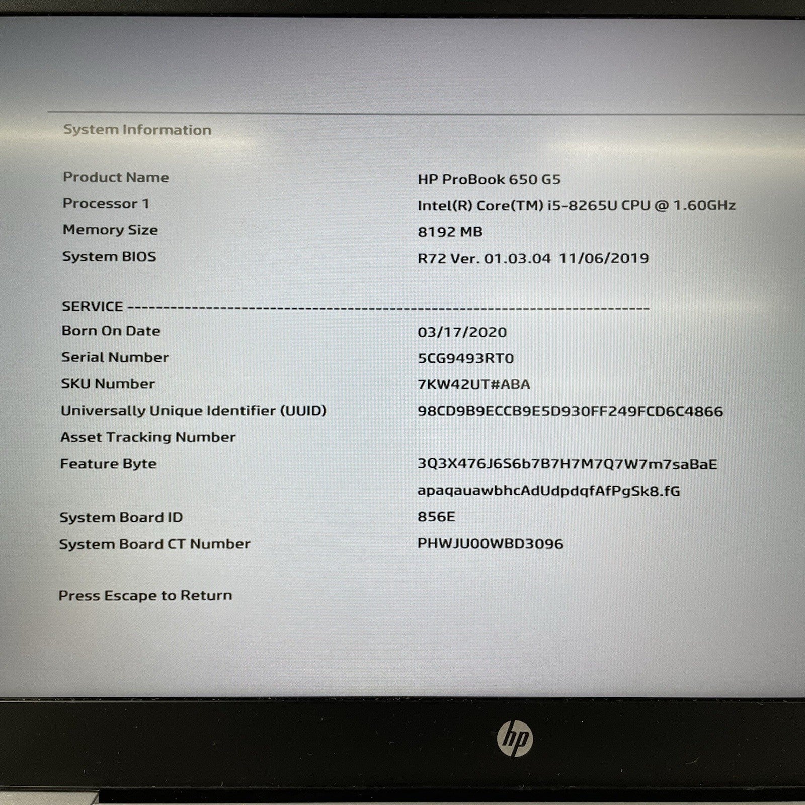 HP ProBook 650 G5 15.6" i5-8265U 1.60 GHz 8 GB RAM No SSD/OS/AC - No Sound2