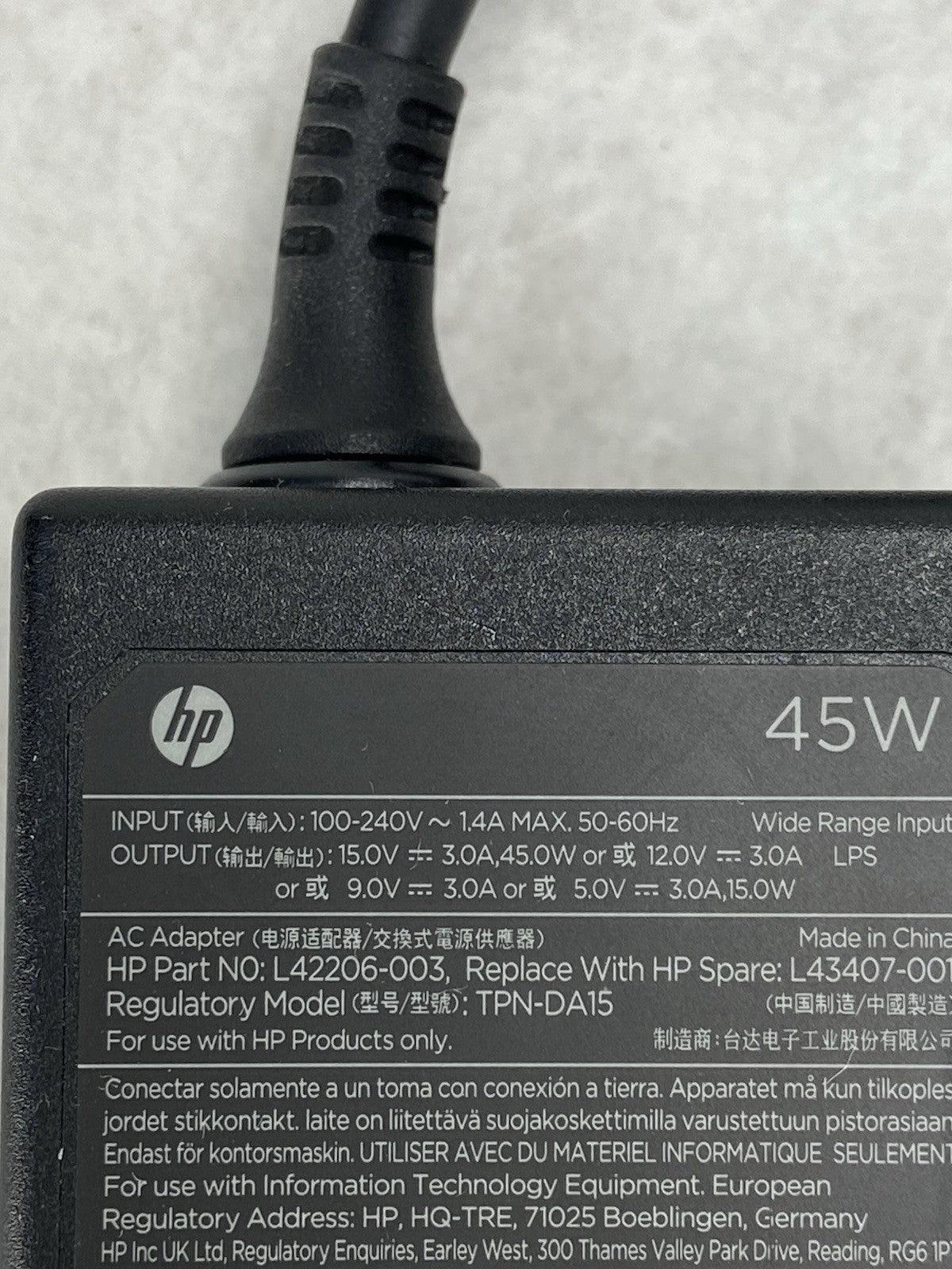 HP Charger 45W USB-C 9.0V Part Number: L42206-003