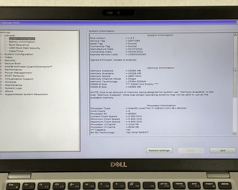 Dell Latitude 5410 Core i7-10610U 1.80 GHz 16 GB RAM 14" No Battery No SSD No OS
