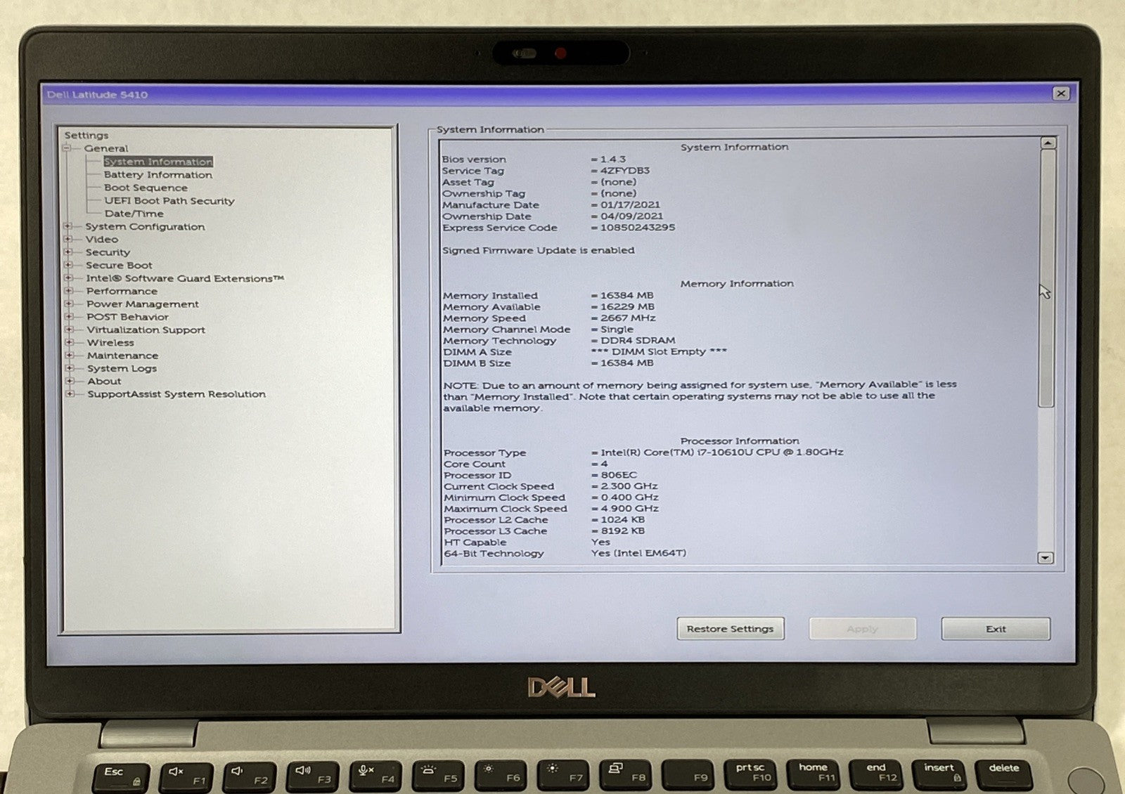 Dell Latitude 5410 Core i7-10610U 1.80 GHz 16 GB RAM 14" No Battery No SSD No OS