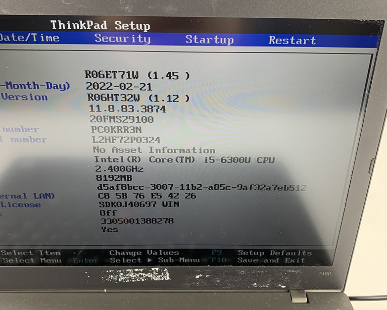 Lenovo Thinkpad T460 Core i5-6300U 2.4 GHz 8 GB Ram No OS No HDD No AC