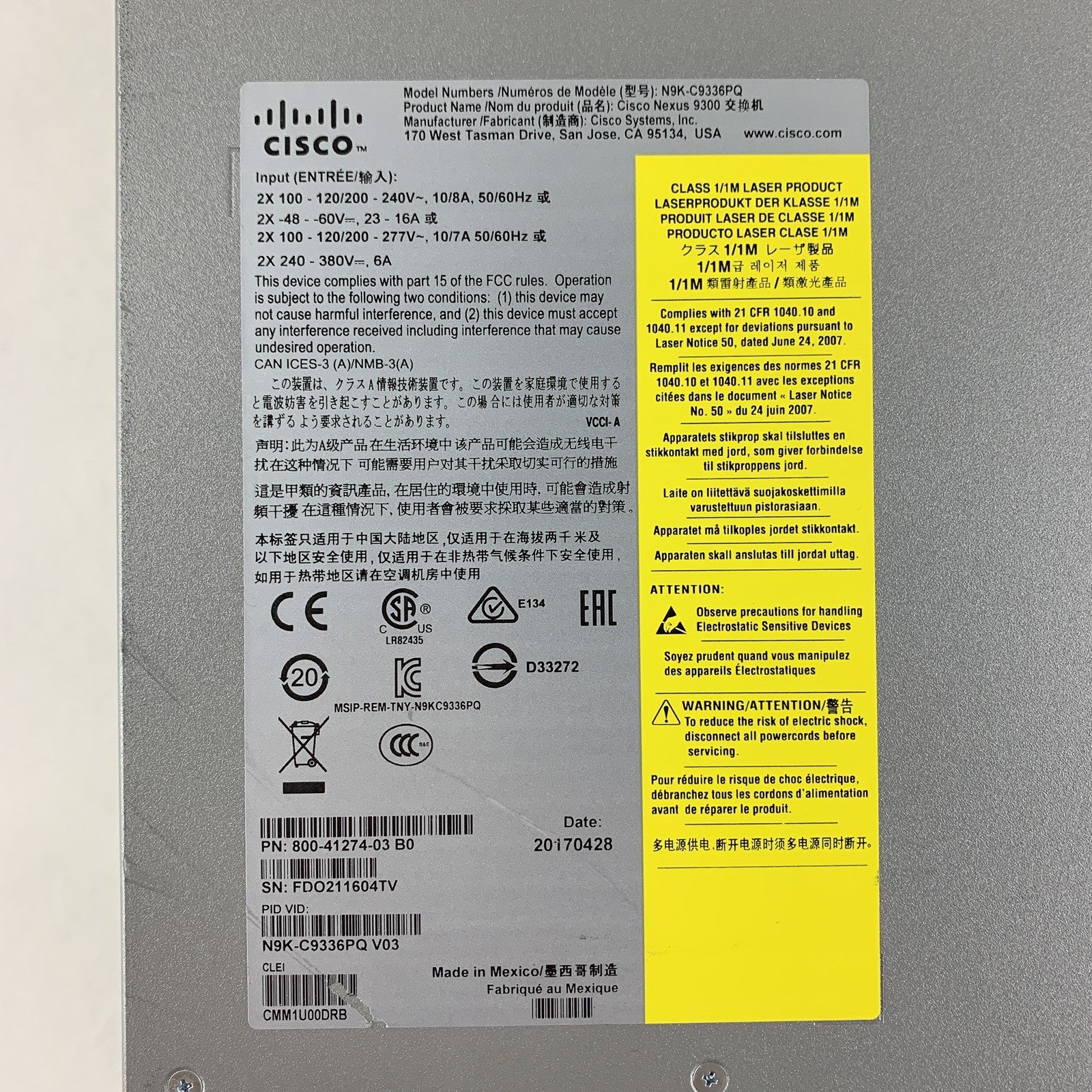 Cisco N9K-C9336PQ 36-Port Nexus 9300 Switch Tested Reset w/ 1 PSU and 2 fans