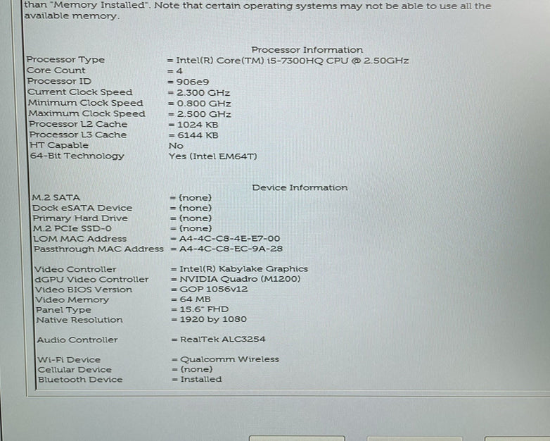 Dell Precision 7520 15.6" i5-7300HQ 2.5GHz 8GB RAM No SSD/OS/AC/Batt - READ