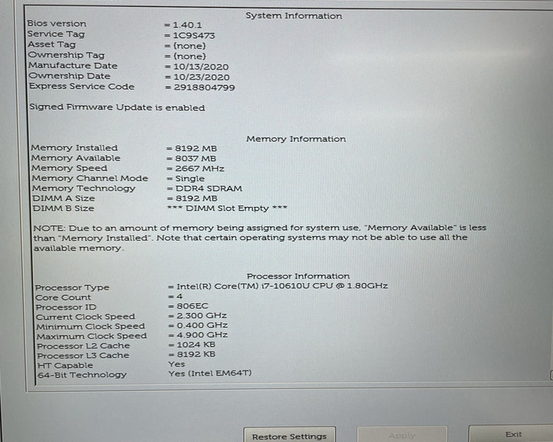 Dell Latitude 5410 14" i7-10610U 1.80 GHz 8 GB RAM No SSD/OS/AC/Batt - READ