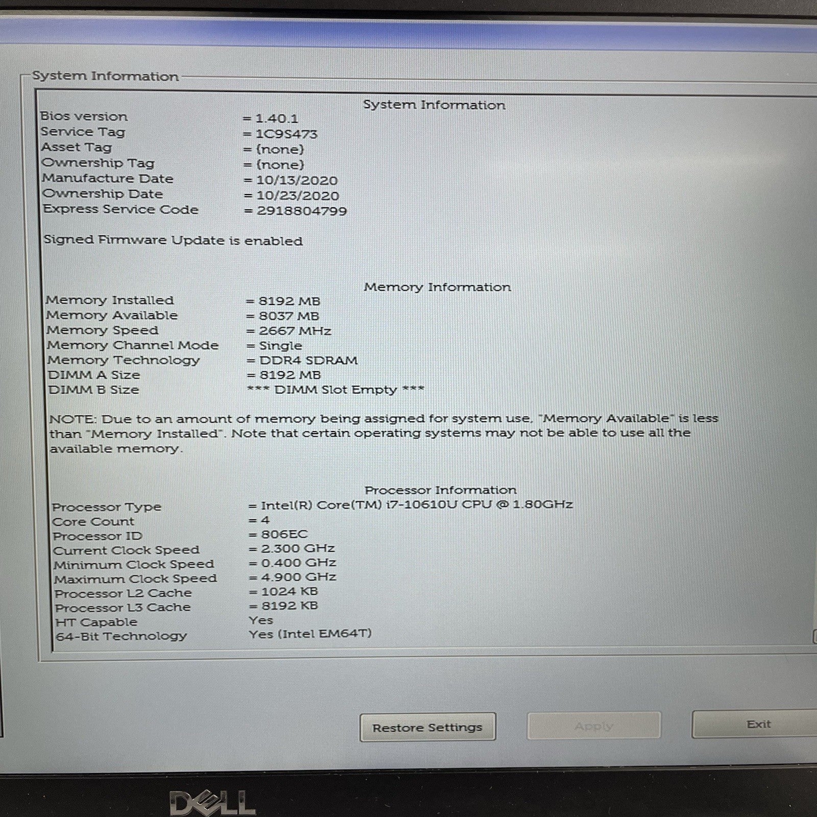 Dell Latitude 5410 14" i7-10610U 1.80 GHz 8 GB RAM No SSD/OS/AC/Batt - READ2