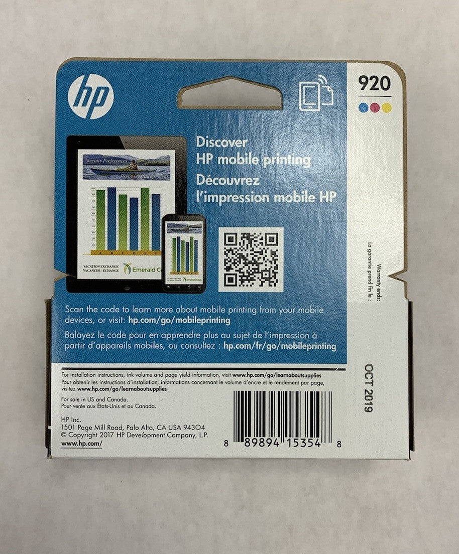HP N9H55FN 920 Ink Cartridges Cyan Magenta Yellow EXP Oct. 2019 (Lot of 4)