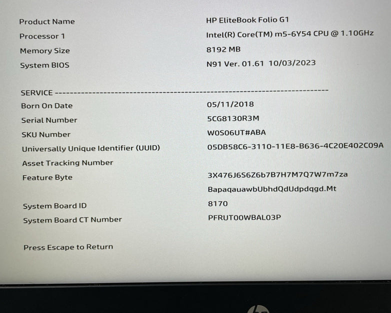 HP EliteBook Folio G1 12.5" M5-6Y54 1.10 GHz 8 GB RAM No SSD/OS/AC