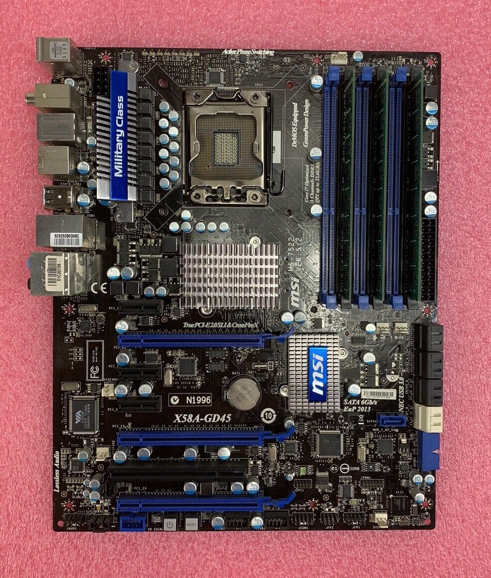 MSI X58A-GD45 Motherboard Intel 2.8GHz 16GB RAM w/Shield No CPU