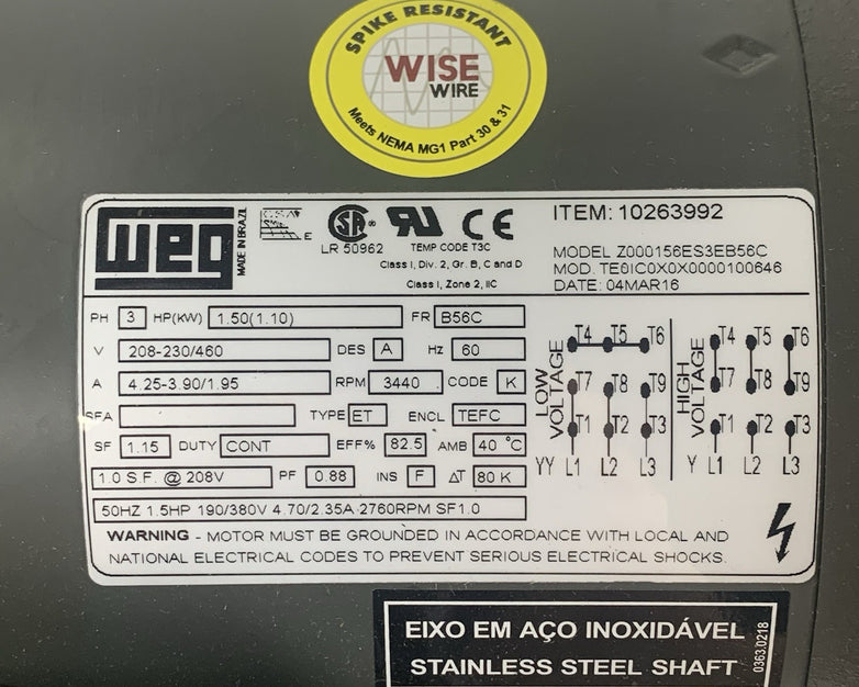 Weg Z000156ES3EB56C 1.5 HP 208-230/460 V 3PH 10263992 Blower Untested