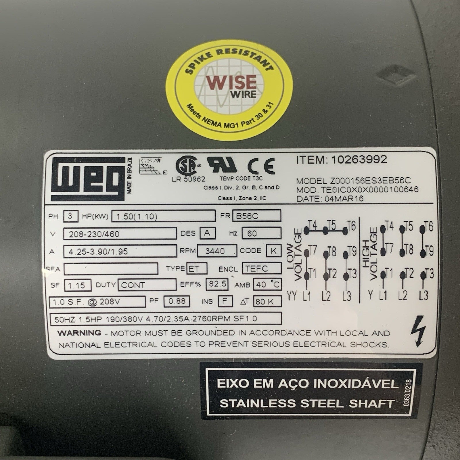 Weg Z000156ES3EB56C 1.5 HP 208-230/460 V 3PH 10263992 Blower Untested4
