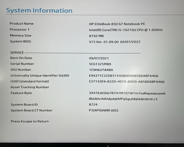 HP EliteBook 850 G7 15.6" i5-10210U 1.60 GHz 8 GB RAM No SSD/OS/AC - Bad Edge