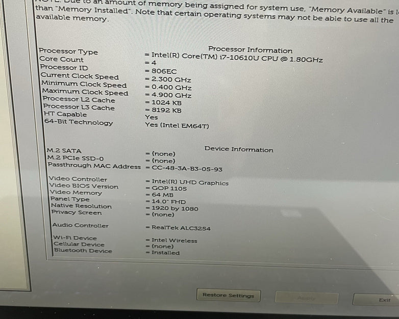 Dell Latitude 7410 14" i7-10610U 1.80 GHz 16 GB RAM No SSD/OS/AC - Bad Corner