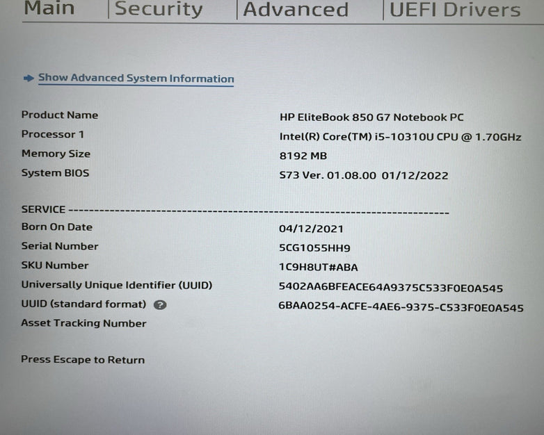HP EliteBook 850 G7 15.6" i5-10310U 1.70 GHz 8 GB RAM No SSD/OS/AC - Bad Corner