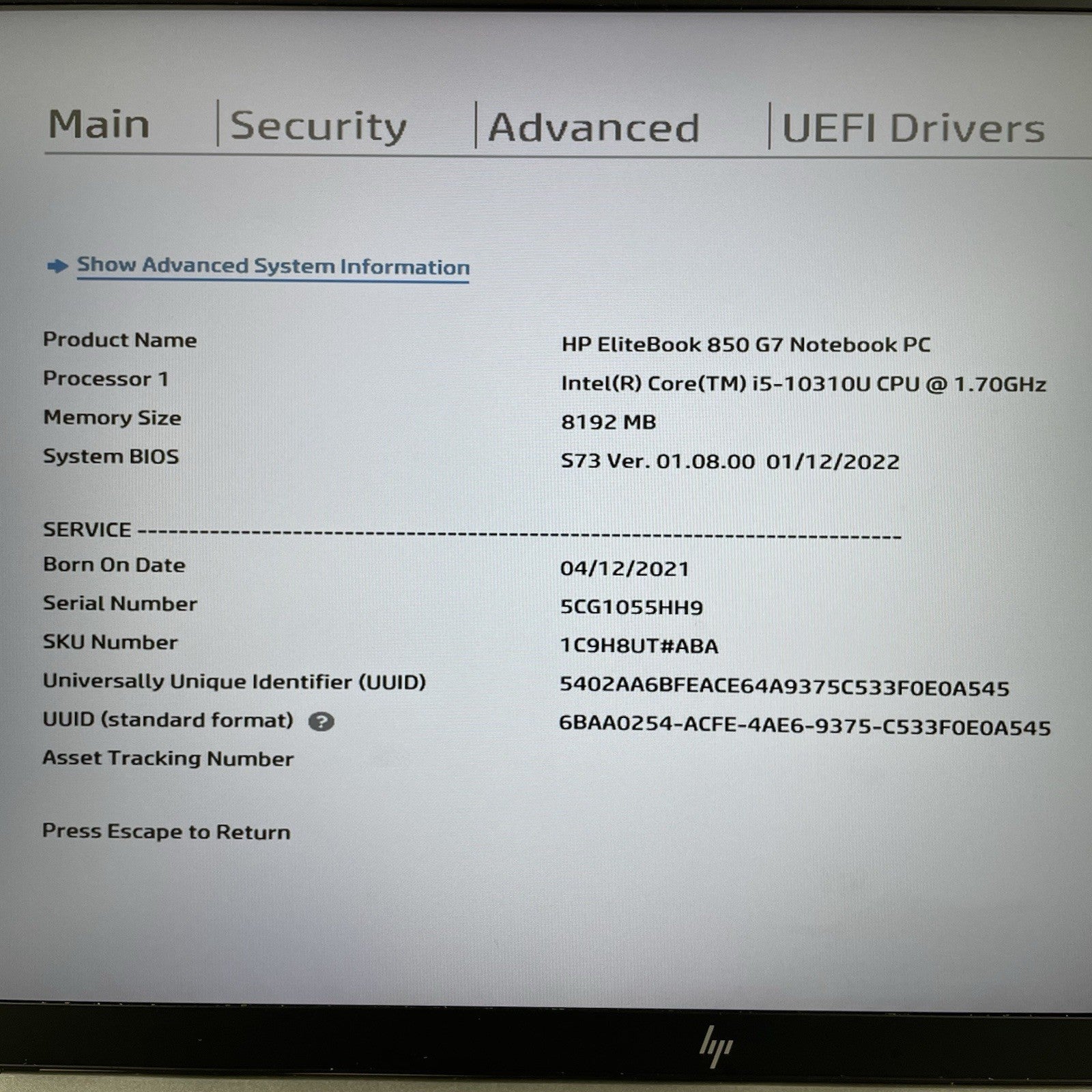 HP EliteBook 850 G7 15.6" i5-10310U 1.70 GHz 8 GB RAM No SSD/OS/AC - Bad Corner2