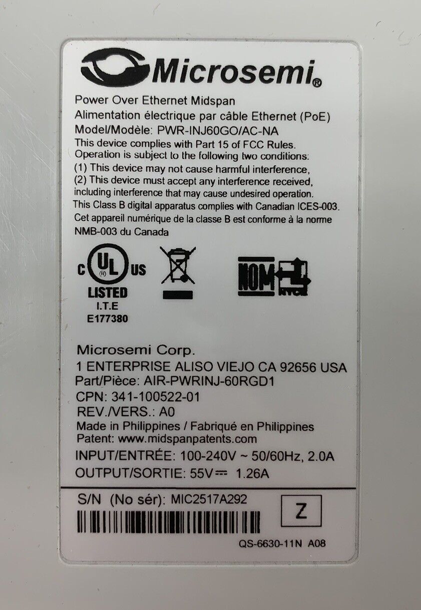Microsemi PWR-INJ60GO/AC-NA Power Over Ethernet Midspan