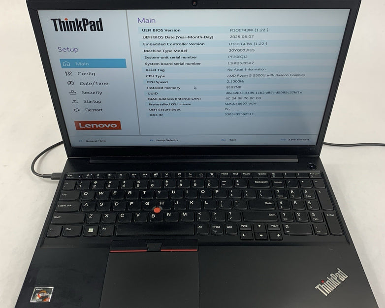 Lenovo ThinkPad E15 Gen 3 15.6" Ryzen 5 5500U 2.1 GHz 8 GB RAM No OS/HDD/AC/Batt