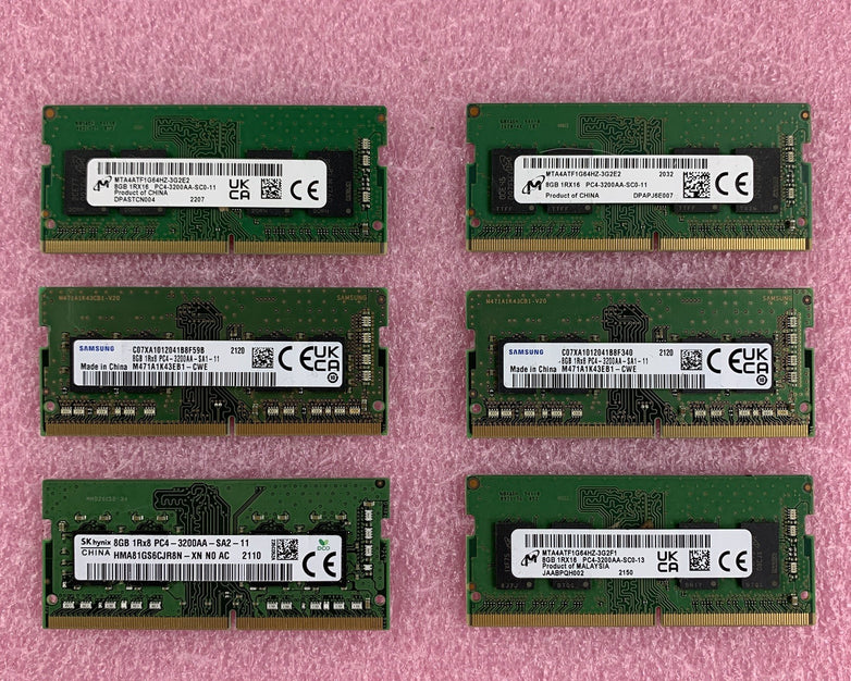 SK Hynix Micron Samsung  8 GB 1Rx8 PC4-3200AA Memory Module Mixed Lot of 6x