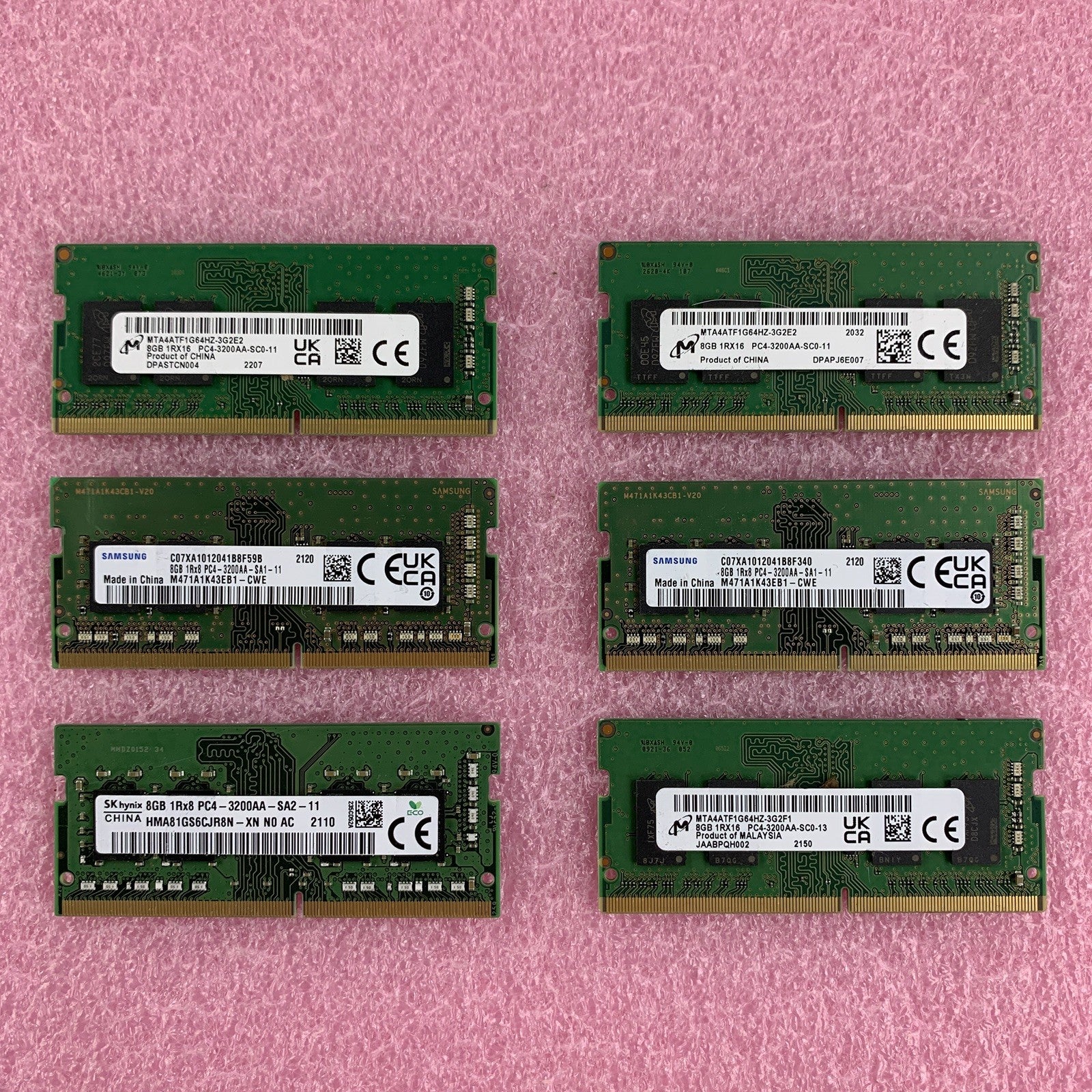 SK Hynix Micron Samsung  8 GB 1Rx8 PC4-3200AA Memory Module Mixed Lot of 6x