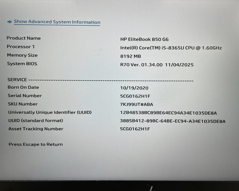 HP EliteBook 850 G6 15.6" i5-8365U 1.60 GHz 8 GB RAM No SSD/OS/AC - Hinge