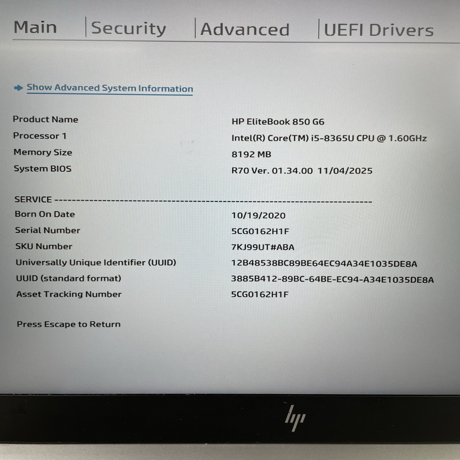 HP EliteBook 850 G6 15.6" i5-8365U 1.60 GHz 8 GB RAM No SSD/OS/AC - Hinge2