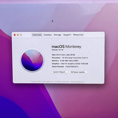 Apple A1418 iMac 21.5" 2015 1.6 GHz Core i5 8 GB RAM 1TB HDD macOS 12.7.6