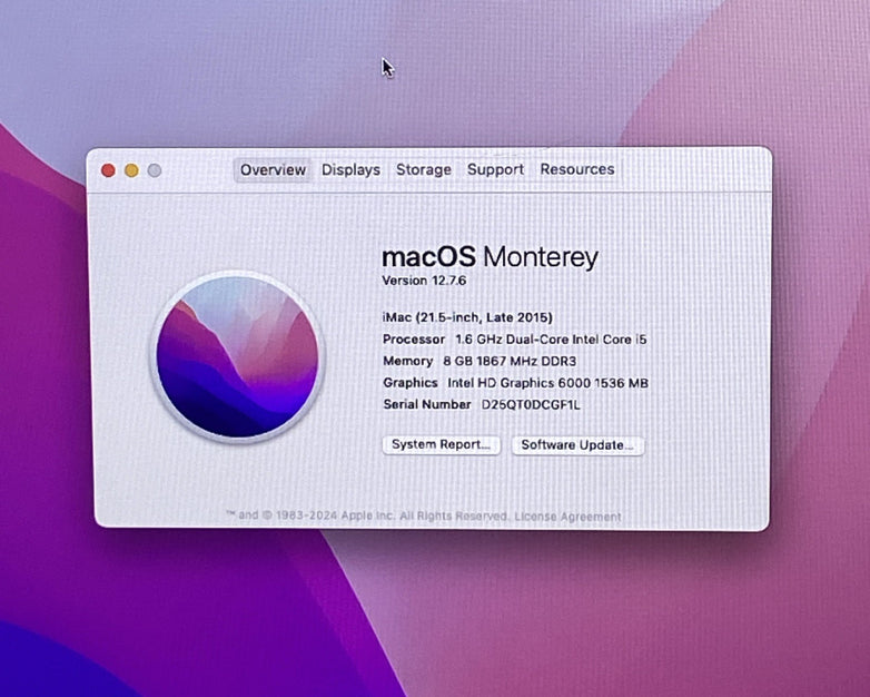 Apple A1418 iMac 21.5" 2015 1.6 GHz Core i5 8 GB RAM 1TB HDD macOS 12.7.6
