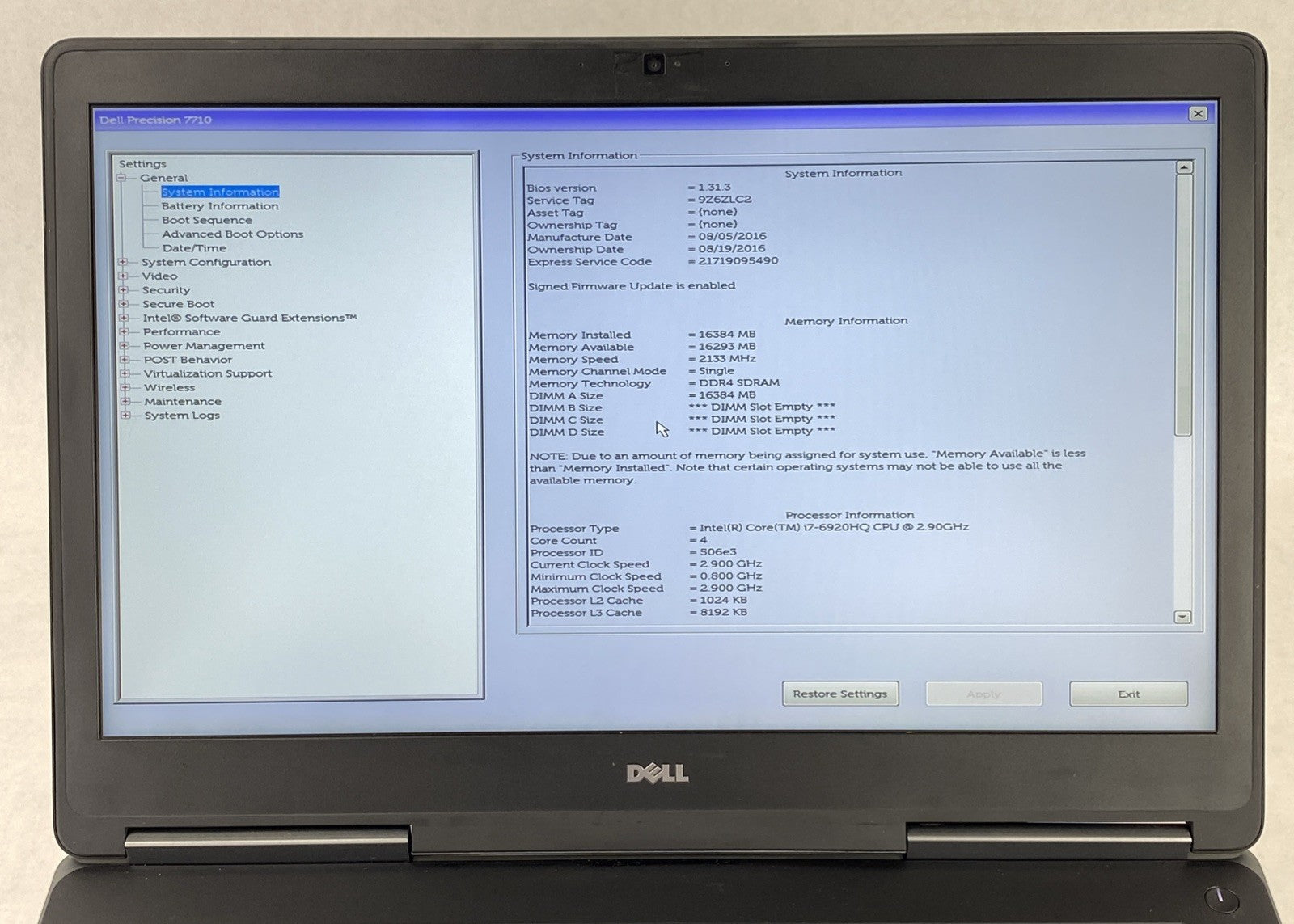 Dell Precision 7710 Intel Core i7-6920HQ 2.9GHz 16GB RAM 17.3" No HDD No OS