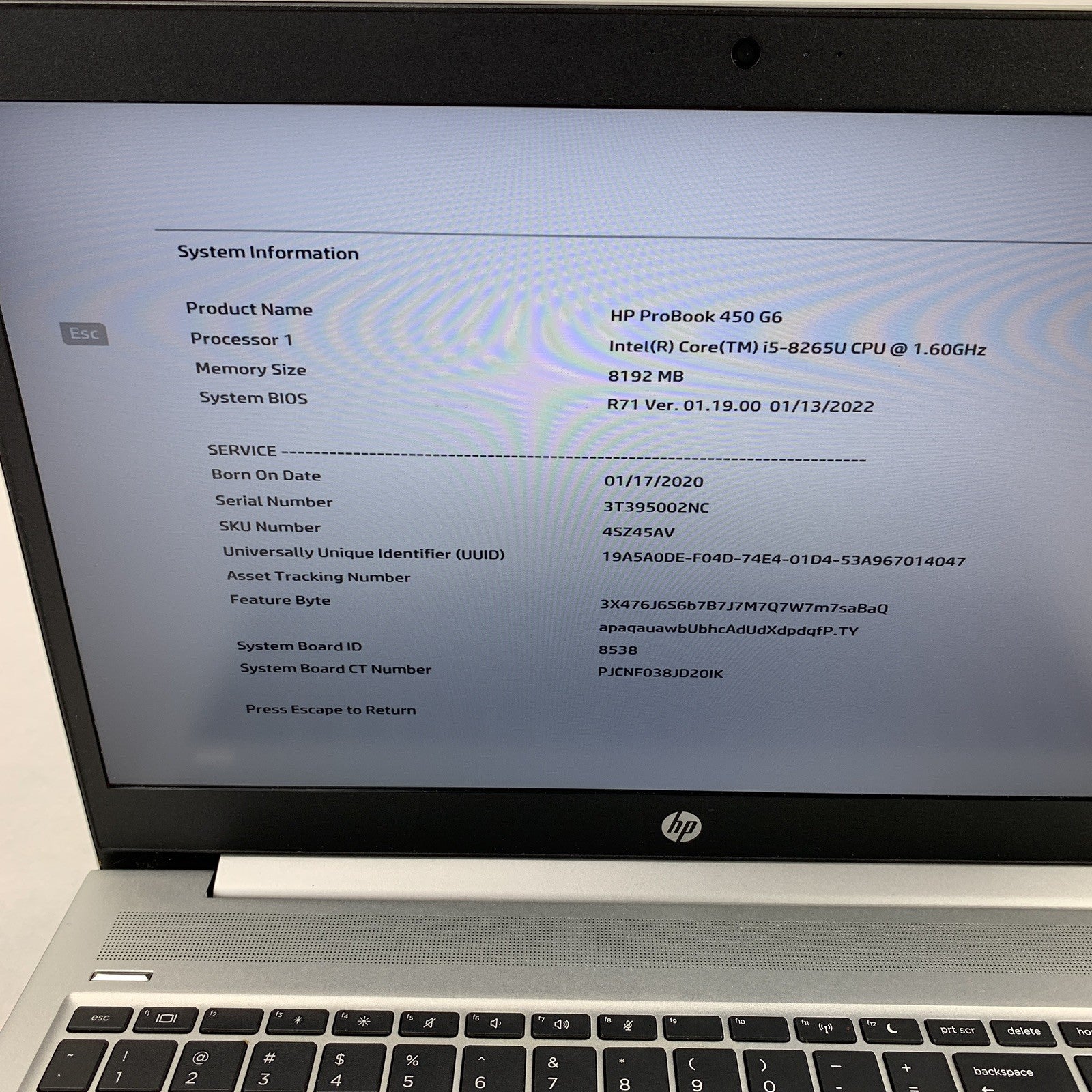 HP EliteBook 450 G6 15.6" Laptop i5-8265U 1.6 GHz 8 GB Ram No OS No HDD No AC