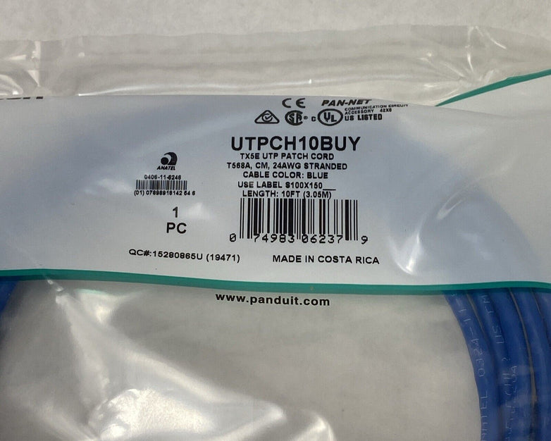 Lot of 10 Panduit UTPCH3YLY 10ft Blue TX5E UTP Patch Cord T568A