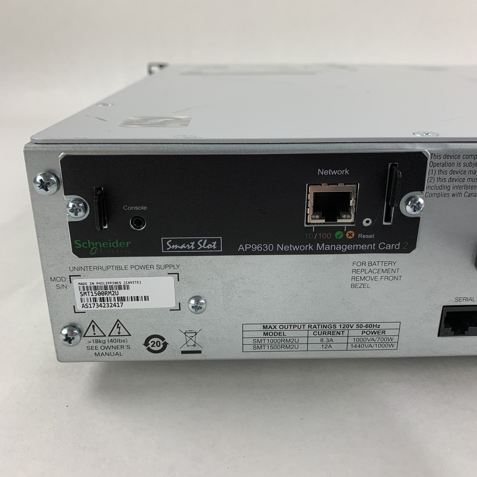 APC SmartUPS SMT1500RM2U 2U Rack Mount w/ Network  Card No Battery No Faceplate